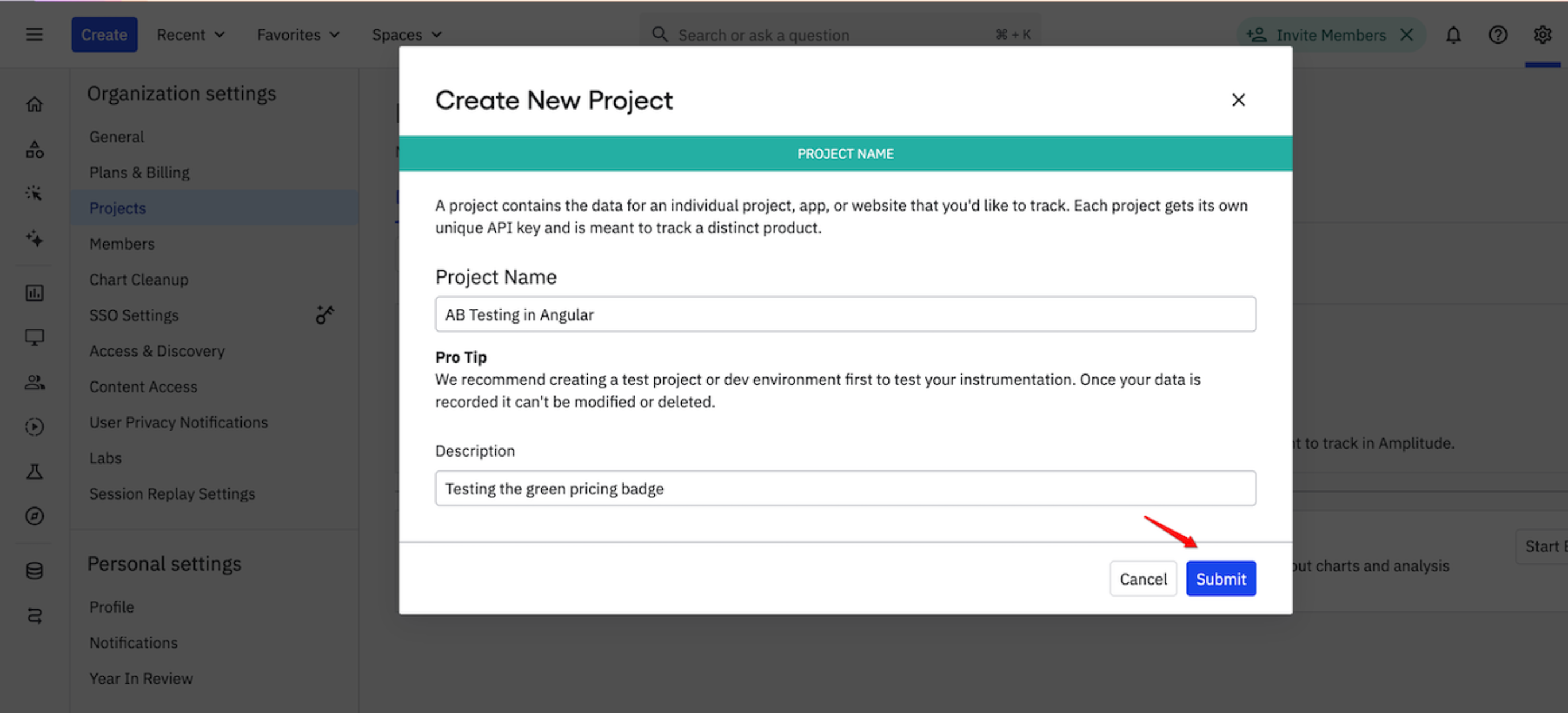 Create new Amplitude project