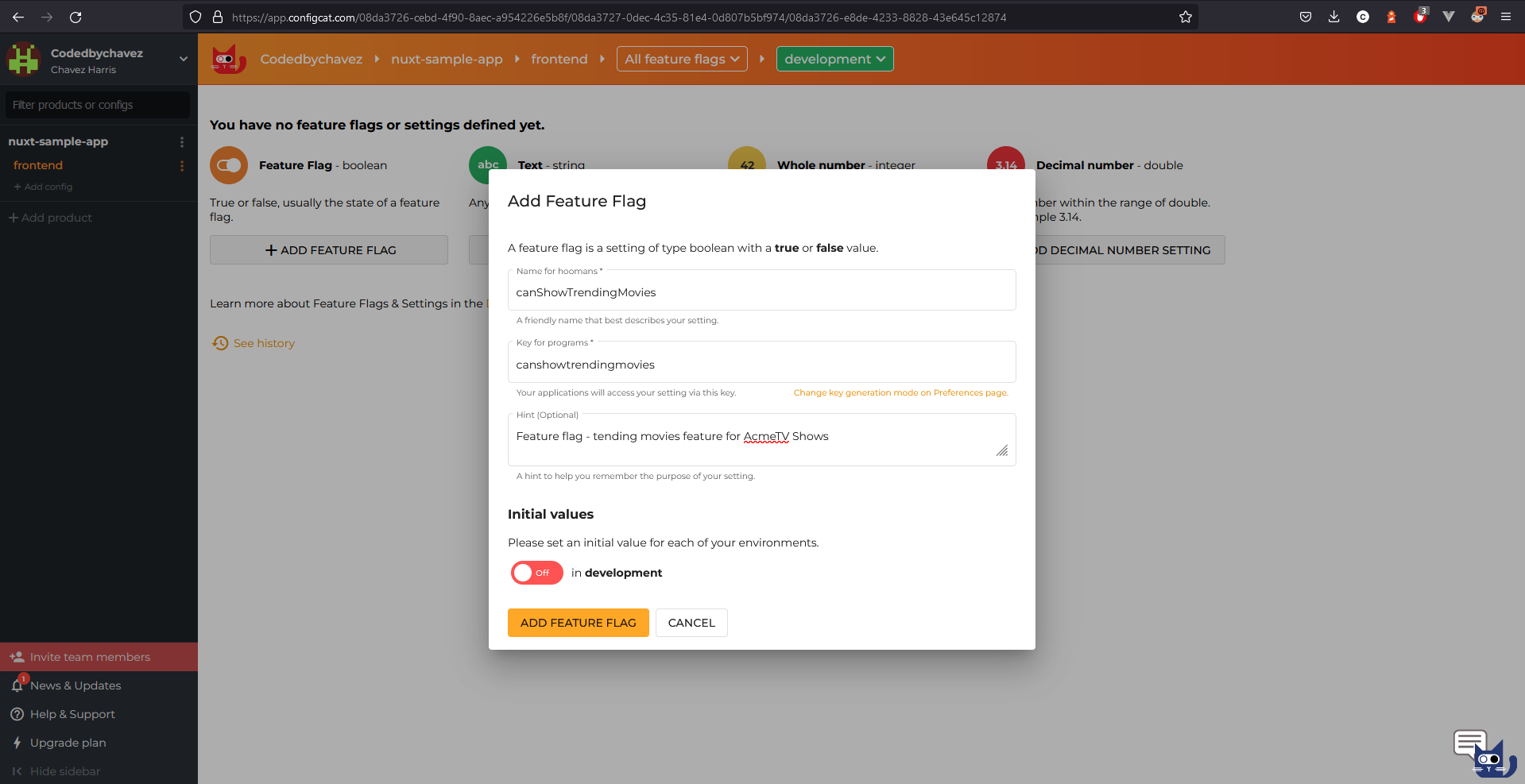 Adding a feature flag using the ConfigCat Dashboard - Modal