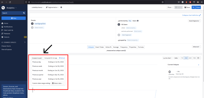 Clicking the compare to past dropdown button