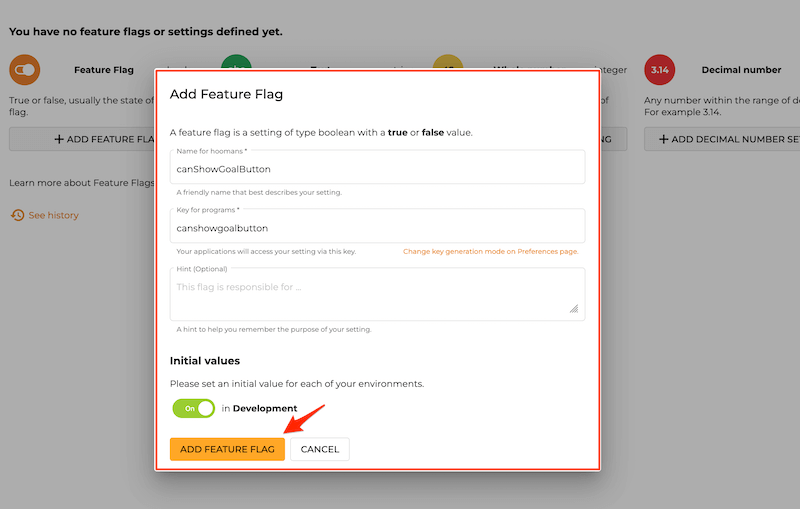 Screenshot of creating a feature flag