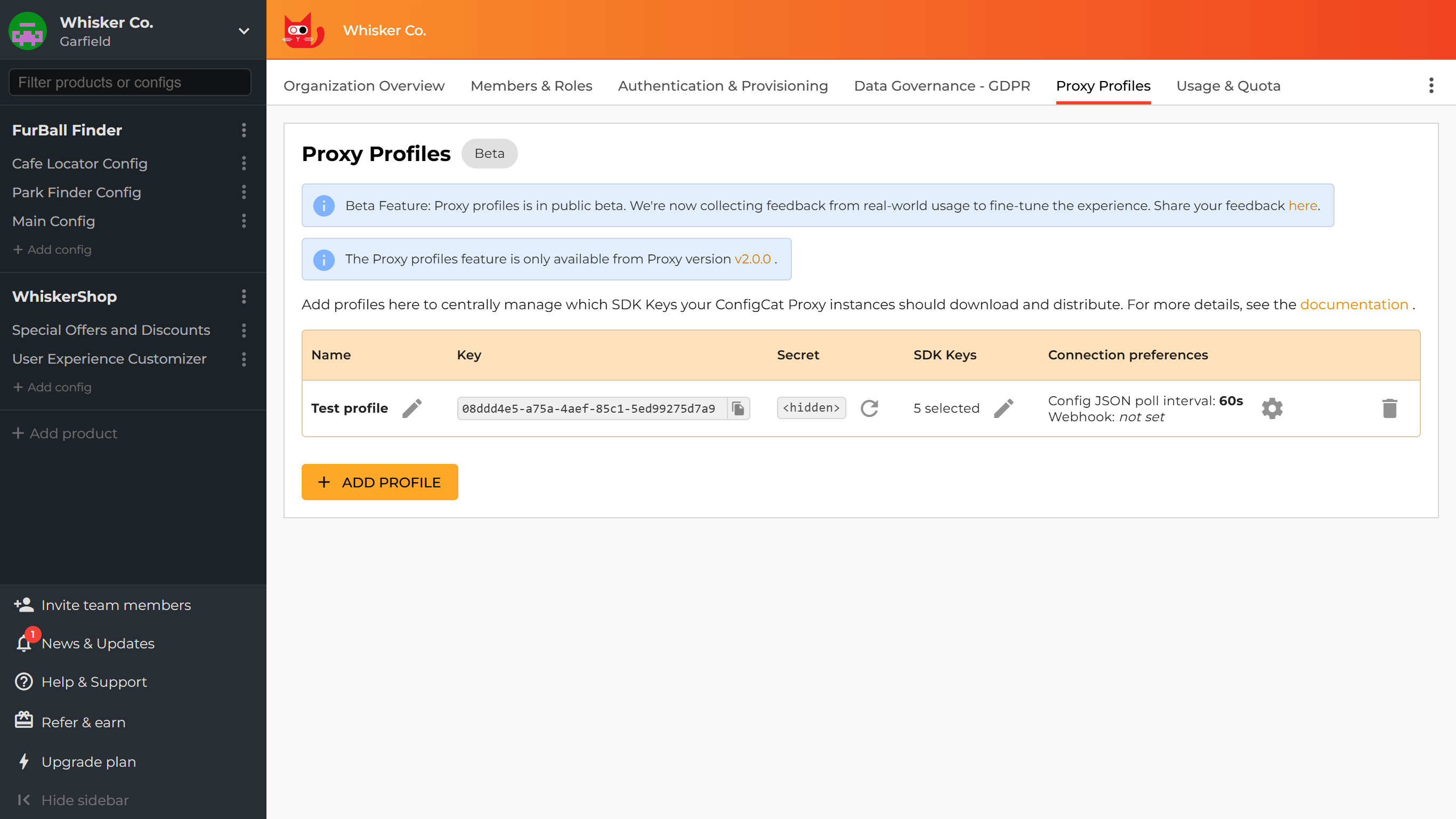 Proxy profiles page