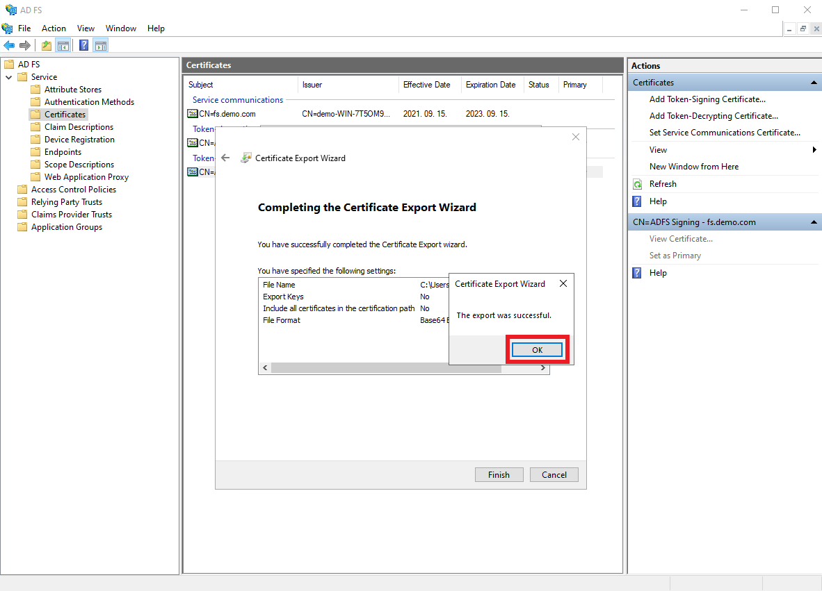 ADFS cert OK