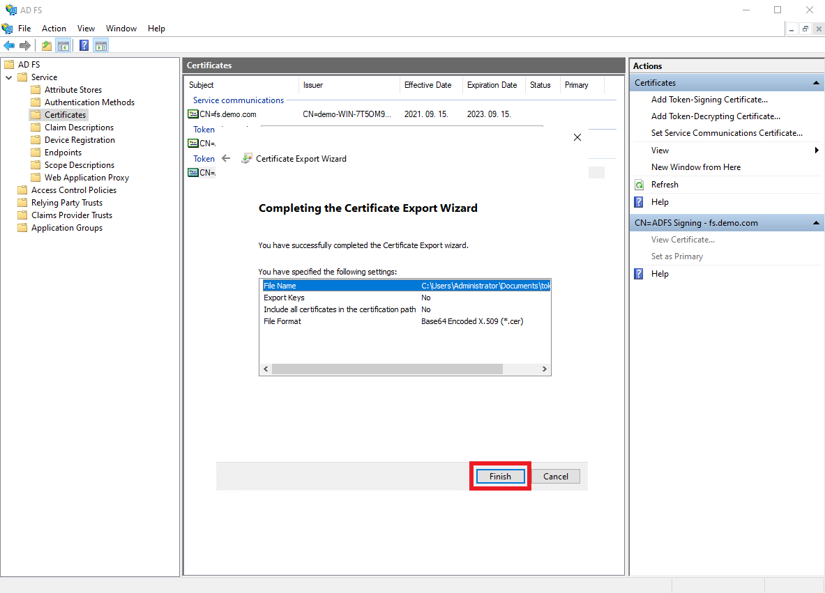 ADFS finish cert