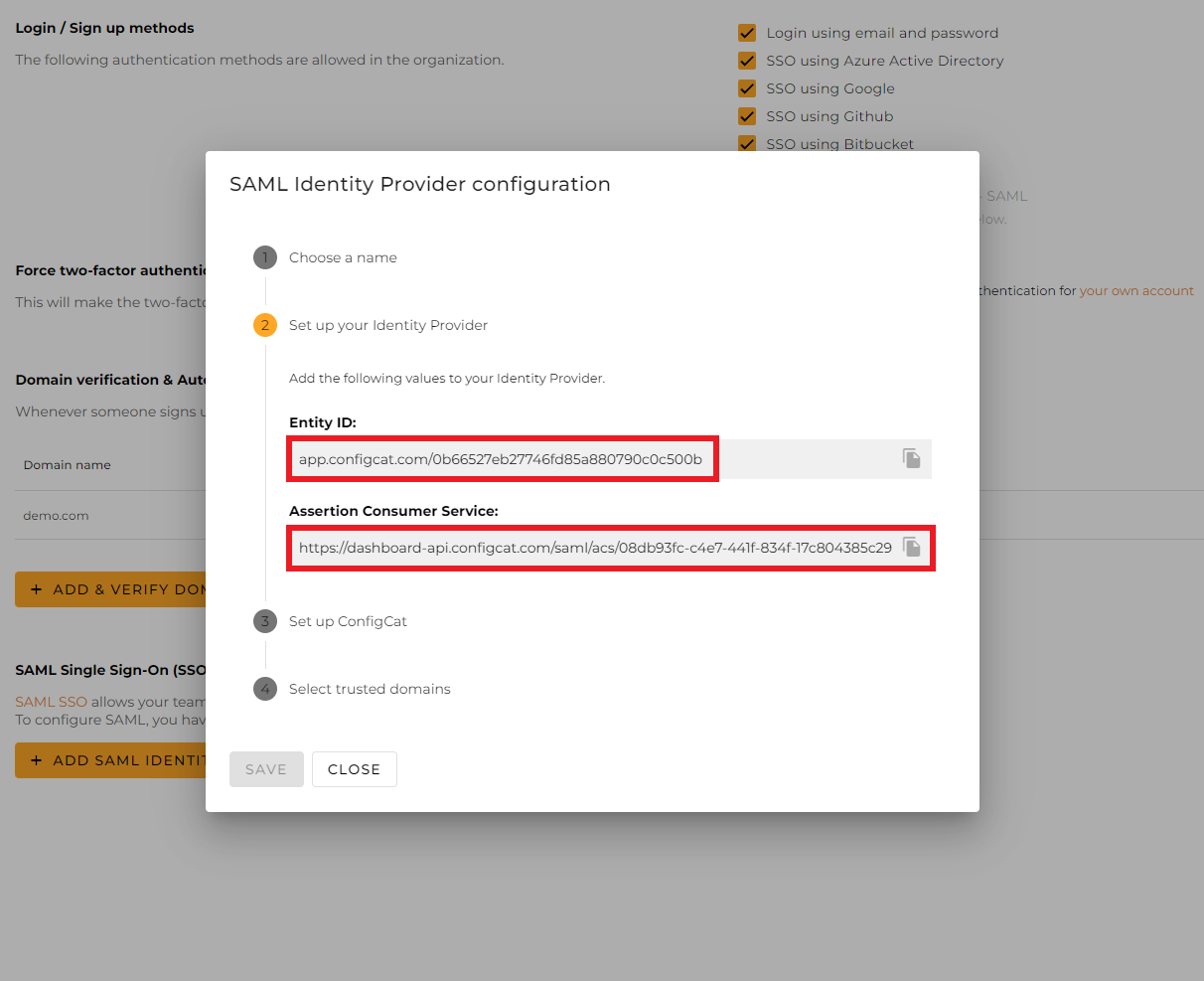 ConfigCat SAML configuration