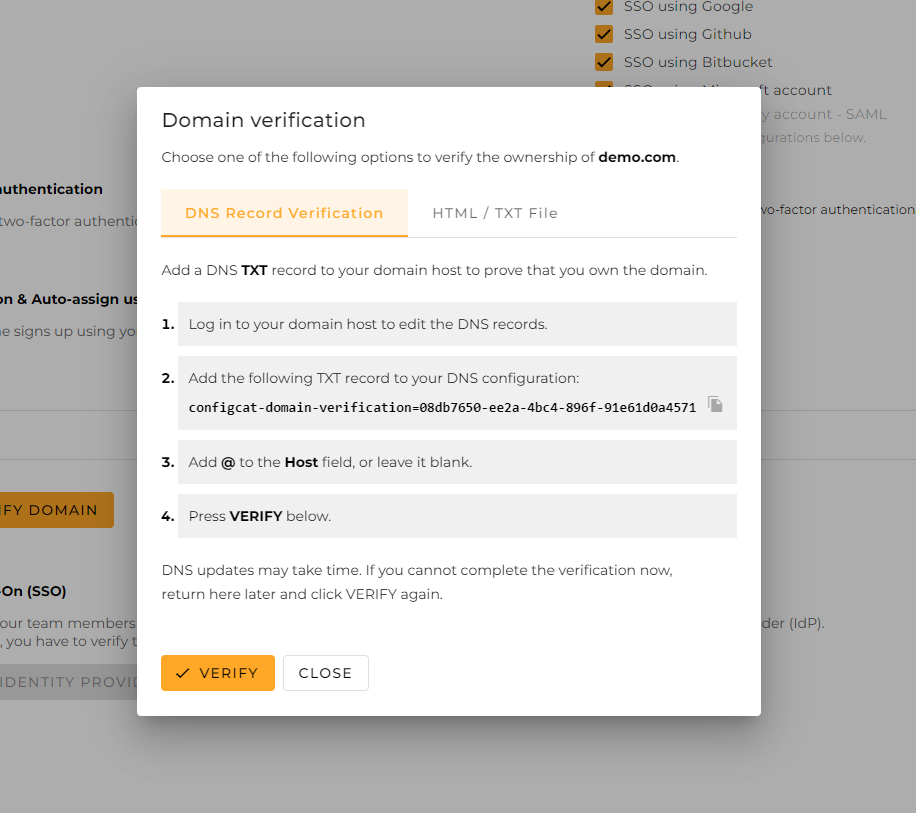 ConfigCat verify domain
