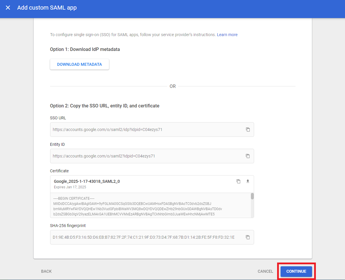 Google SSO app configuration