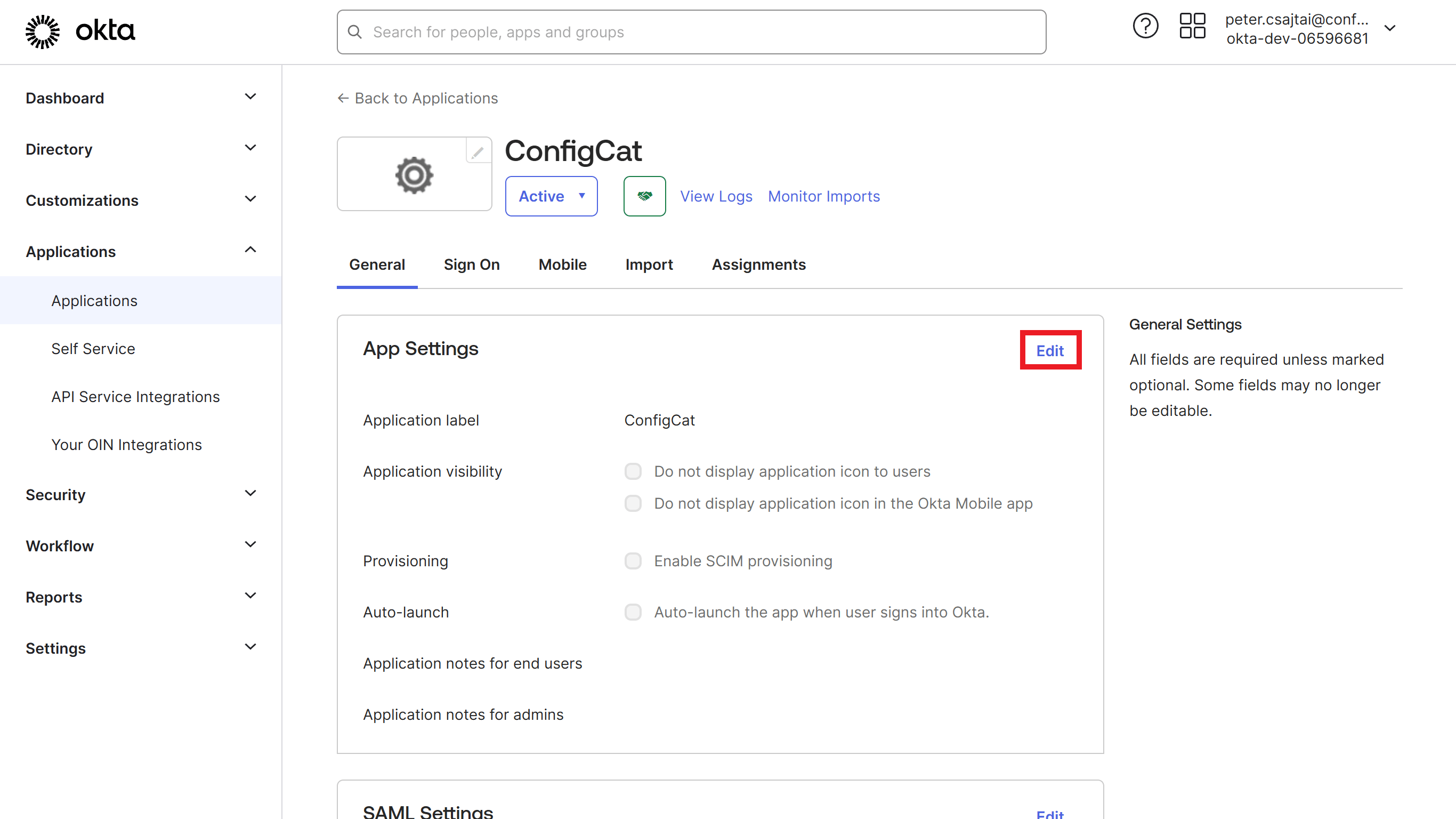Okta edit app settings