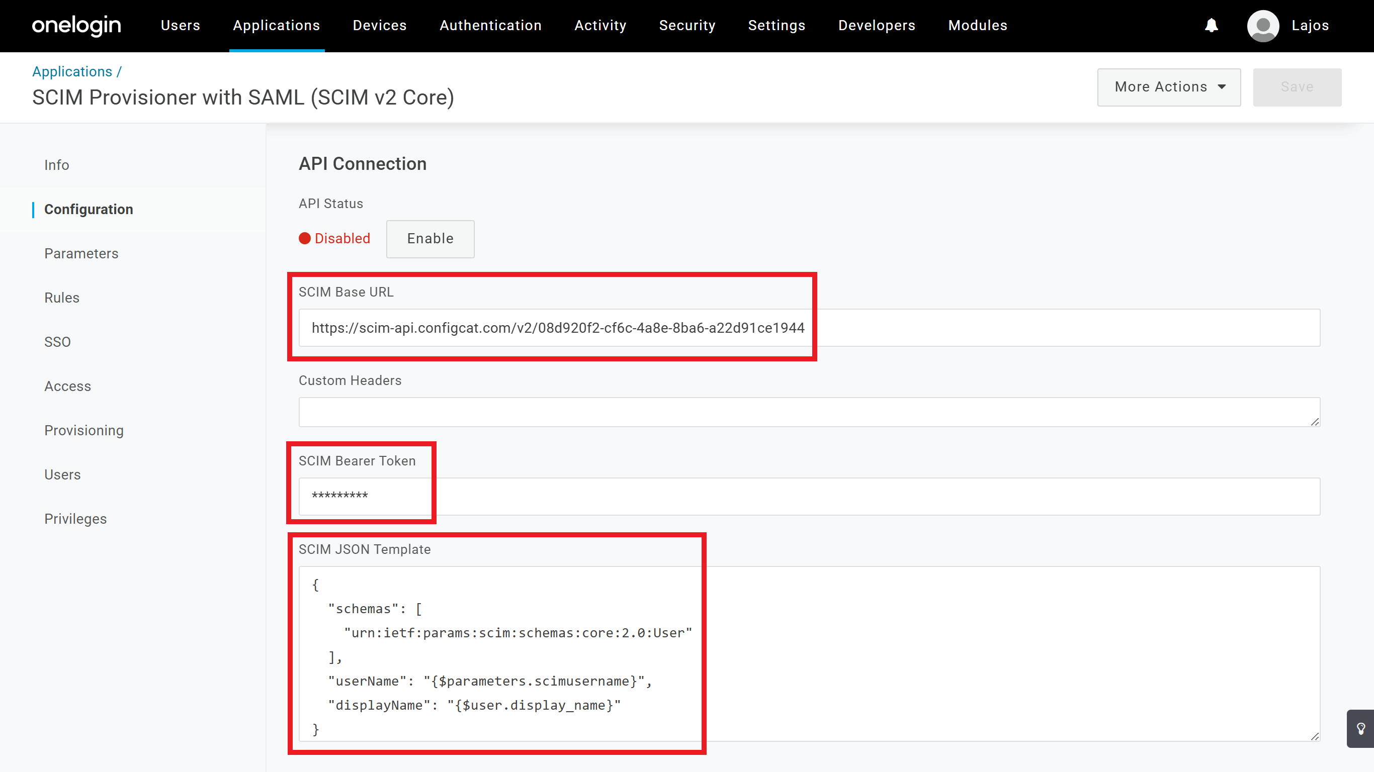 OneLogin API Connection configuration
