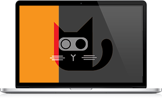 Laptop with an image of ConfigCat logo. Half colorful half greyscale